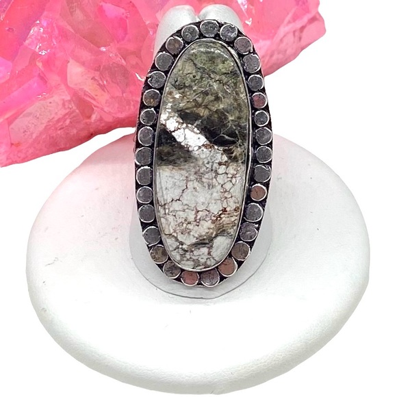 Wild Horse Jasper Ring Size 8 925 Sterling Silver Overlay Oval Brown White - Picture 1 of 7